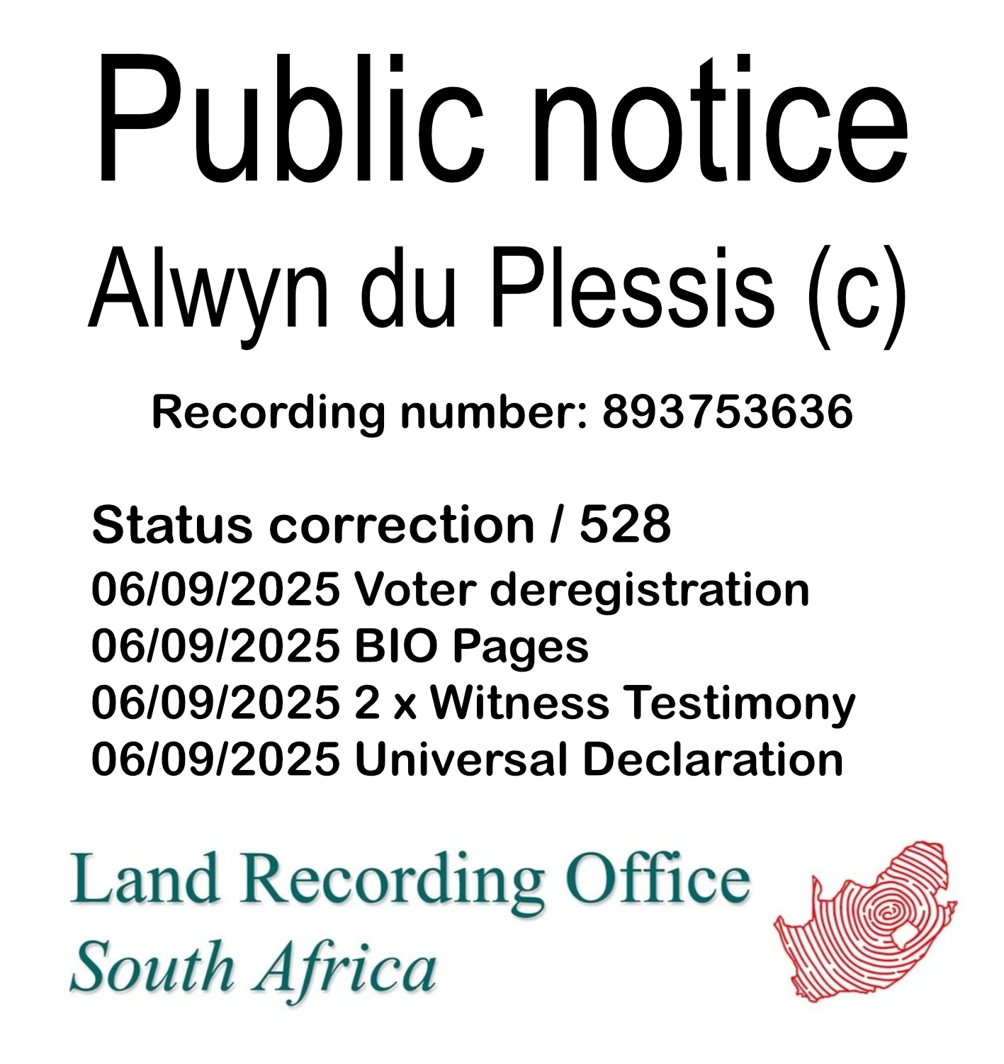Public Notice Alwyn du Plessis Recording Number 893753636